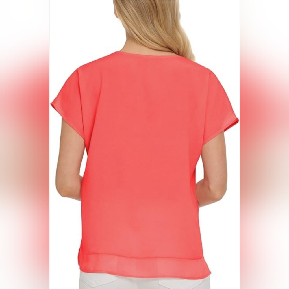 NEW DKNY Coral Pink V-Neck Lightweight Chiffon Blouse Size S Sheer Casual Office - Picture 2 of 10